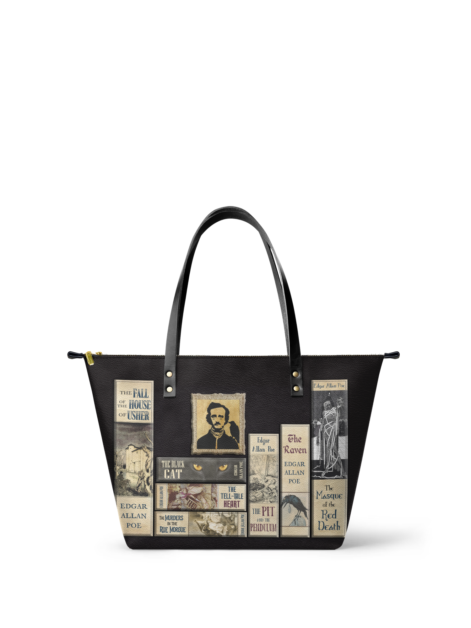 "Poe's Library" Ashen Black Leather Tote Bag