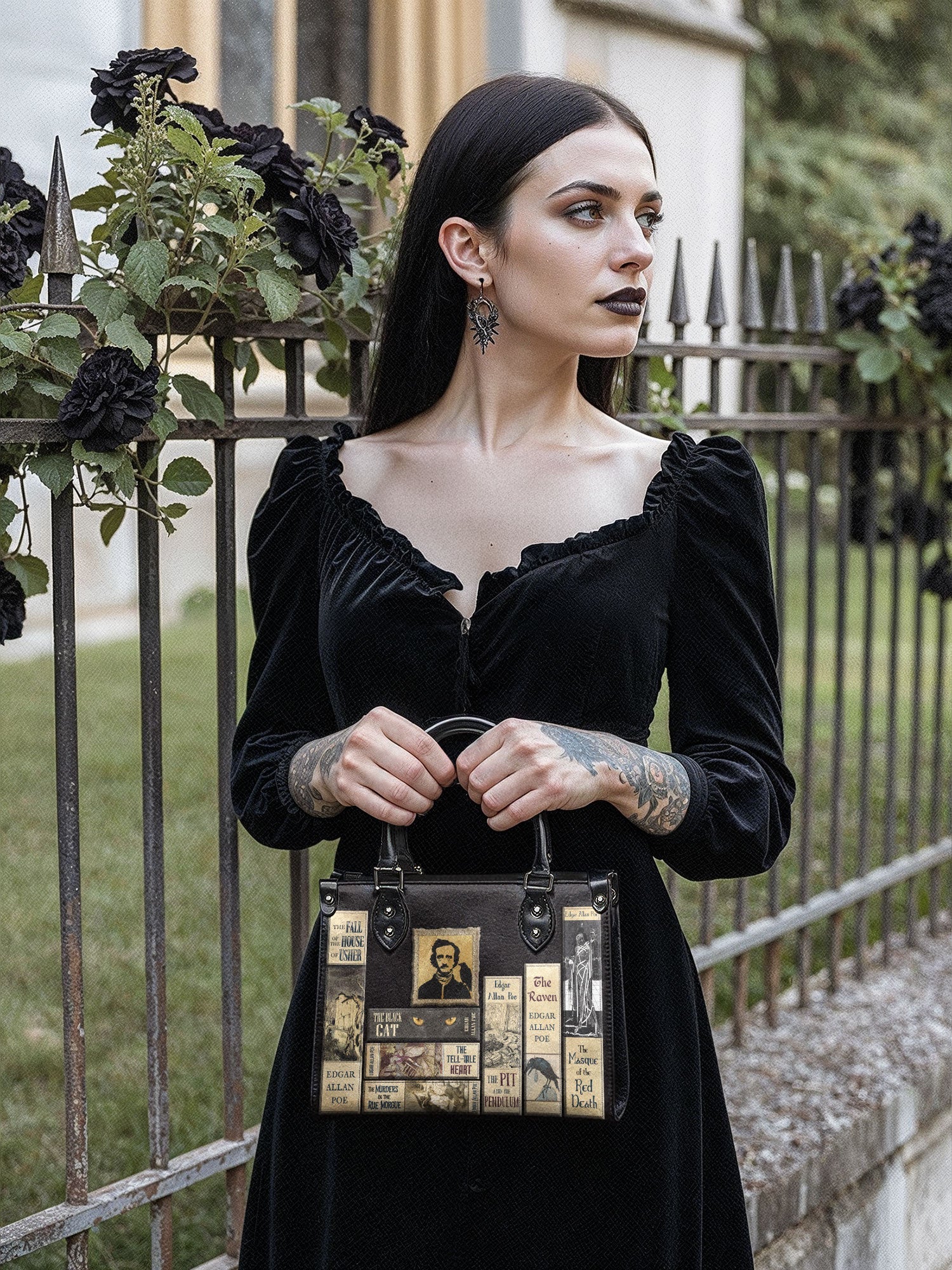 "Poe's Library" Ashen Black - Black Interior - Small Leather Handbag