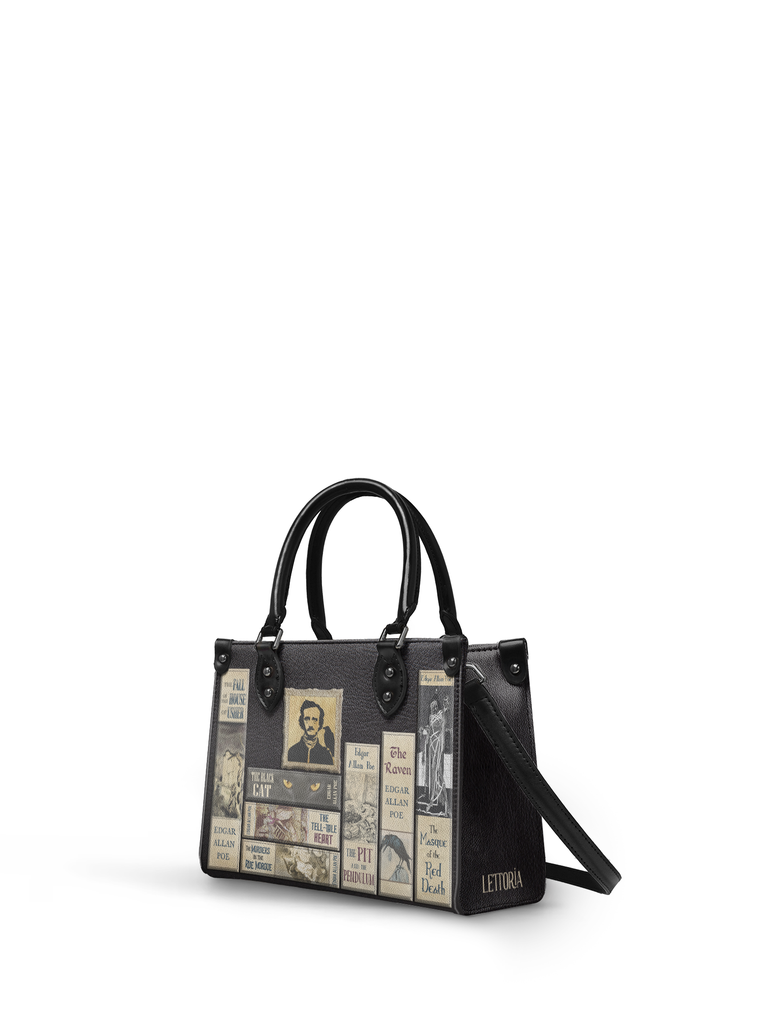 "Poe's Library" Ashen Black - Black Interior - Small Leather Handbag