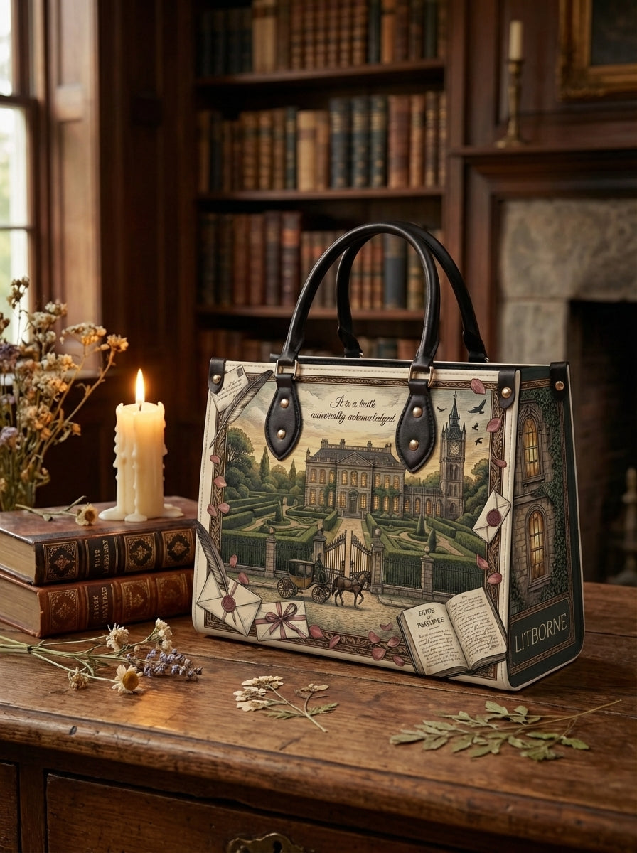 Pride and Prejudice Regency Leather Handbag - styled mockup